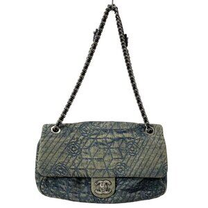 Auth CHANEL Camellia Navy Denim Leather Shoulder Bag